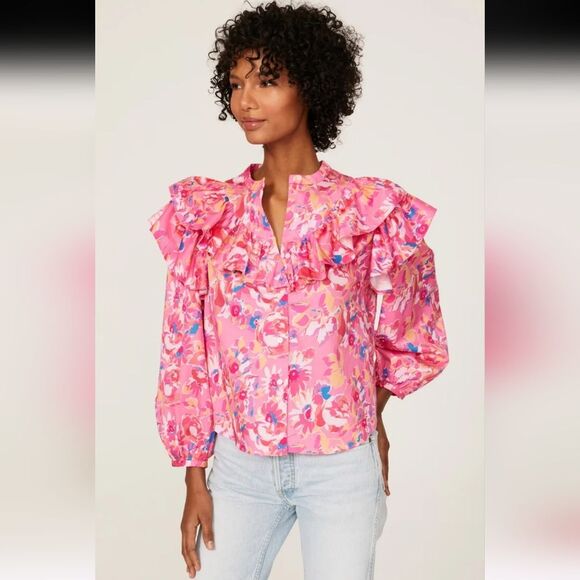 Something Navy Floral Ruffle Blouse Size XS Pink - Picture 1 of 6